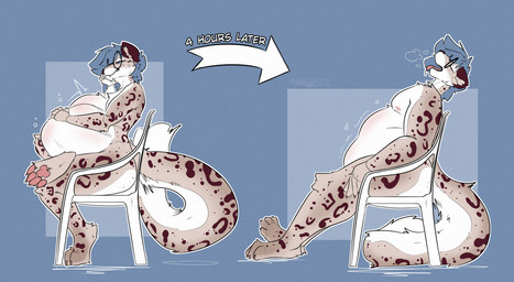 abdominal_bulge anthro belly big_belly blue_hair chair curvy_figure digestion digestion_sequence eyewear fluffy fluffy_tail furniture glasses hair lawn_chair long_tail male male_pred on_chair open_mouth same_size_vore sitting sitting_on_chair solo tail tongue tongue_out voluptuous vore wearing_glasses weight_gain gurglegluts felid mammal pantherine snow_leopard absurd_res hi_res sequence