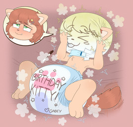 3_toes 4_fingers accessory ambiguous_gender anthro birthday blush blush_lines bodily_fluids brown_body brown_fur brown_hair brown_nose brown_tail clean_diaper clothed clothing cloud_emanata cutaway diaper diaper_hood diaper_only diaper_puff drooling emanata expression_cutaway feet fingers fur genital_fluids hair hair_accessory hairclip hand_on_diaper heart_eyes heart_symbol high-angle_view looking_pleasured lying motion_lines multicolored_body multicolored_fur on_back saliva shared_diaper smile solo tail tail_motion tailwag tan_body tan_fur tan_inner_ear text text_on_diaper toes topless touching_diaper unclean_diaper urine used_diaper watersports wearing_diaper wet_diaper tenerius sharpie dreamyart_(character) domestic_cat felid feline felis mammal 2025 absurd_res english_text full-length_portrait hi_res portrait