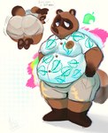 aloha_shirt anthro belly blue_eyes bottomwear brown_body brown_fur butt clothing fur male moobs overweight overweight_male pattern_clothing pattern_shirt pattern_topwear pawpads presenting presenting_hindquarters shirt shorts solo text topwear debudraws animal_crossing nintendo tom_nook_(animal_crossing) canid canine mammal raccoon_dog tanuki english_text hi_res