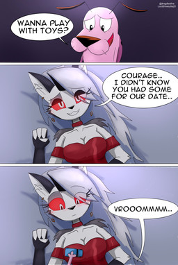 3_fingers 3_panel_comic 4_fingers :| anthro arm_tuft bare_shoulders bedroom_eyes big_breasts black_clothing black_eyelids black_fingerless_gloves black_gloves black_handwear blush blush_lines breasts choker cleavage clothed clothing dialogue dress duo ear_piercing eyelashes female fingerless_gloves fingers fur gloves glowing glowing_eyes hair handwear humor inner_ear_fluff jewelry long_hair lying male misunderstanding narrowed_eyes necklace on_back piercing pink_body pink_fur playing_with_toys pupils red_choker red_clothing red_dress red_jewelry red_necklace red_sclera seductive shoulder_tuft shoulderless_dress silly slit_pupils surprised text toy_car translucent translucent_hair tuft unexpected vroom white_body white_eyes white_fur white_hair thegiftedfire cartoon_network courage_the_cowardly_dog hellaverse helluva_boss mythology courage_the_cowardly_dog_(character) loona_(helluva_boss) canid canid_demon canine canis demon domestic_dog hellhound mammal mythological_canine mythological_creature wolf 2026 absurd_res better_version_at_source crossover english_text hi_res