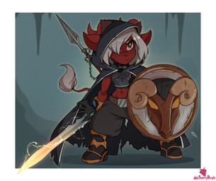 2_horns armor belt black_cape black_clothing black_hood boots bottomwear cape cave chain clothing female footwear freckles grey_hair hair horn humanoid_pointy_ears light melee_weapon pants pointy_ears polearm red_body red_horn red_skin red_tail shield shoes short_hair solo spear sword tail weapon malberrybush dungeons_and_dragons hasbro wizards_of_the_coast valor_(malberrybush) horned_humanoid humanoid tiefling digital_media_(artwork) hi_res lighting