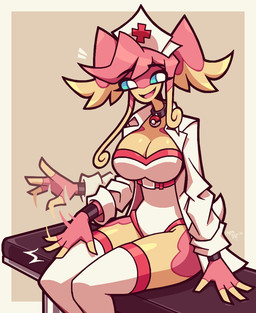 anthro big_breasts breasts choker cleavage clothed clothing coat female hat headgear headwear inviting_viewer jewelry legwear motion_lines necklace nurse_clothing nurse_hat nurse_headwear sitting slapping_own_thigh solo stockings topwear notyoursagittarius nintendo pokemon audino generation_5_pokemon pokemon_(species)