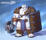 anthro armor barbarian big_muscles fur heterochromia huge_muscles hyper hyper_muscles mace male melee_weapon muscular plantigrade smile smiling_at_viewer standing weapon white_body white_fur agonwolfe anion-edge canid canine canis humanoid mammal wolf hi_res