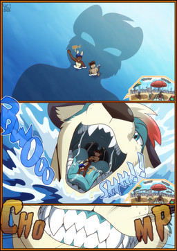 anthro black_border bodily_fluids border chomping drooling macro male male/male male_pred male_prey micro mouth_shot open_mouth piercing saliva silhouette size_difference teeth text tongue tongue_piercing underwater uvula vore water incredibleediblecalico dougie_(sugarpunk) glitch_(daglitchwizzard) jay_(jaywoodfall) domestic_cat felid feline felis hybrid lagomorph leporid mammal mustelid otter rabbit 2025 comic digital_media_(artwork) english_text hi_res