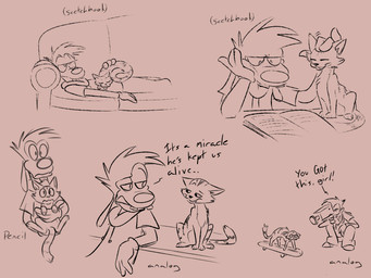 3_toes ambiguous_feral ambiguous_gender anthro arm_support black_eyes black_nose book brown_background brown_body brown_clothing brown_eyes brown_footwear brown_fur brown_gloves brown_hair brown_handwear brown_shoes brown_sofa brown_tail buckteeth camera carrying_another clothed clothed_anthro clothed_male clothing counter crouching desk dialogue duo eye_contact eyes_closed feet feral footwear fully_clothed fully_clothed_anthro fully_clothed_male fur furniture gloves hair half-closed_eyes handwear headpat larger_anthro larger_male leaning_on_counter leaning_on_elbow looking_at_another looking_at_viewer lying lying_on_another lying_on_sofa male male_anthro motion_lines narrowed_eyes no_pupils on_sofa open_book quadruped reading reading_book recording_video scared shoes simple_background size_difference skateboarding sleeping smaller_ambiguous smaller_feral smile smiling_at_another sofa standing table tail talking_to_another teeth text toes video_camera yelling young young_anthro young_male insert-thenewbl-here disney goof_troop max_goof waffles_(goof_troop) american_shorthair canid canine canis domestic_cat domestic_dog felid feline felis mammal 2025 4:3 digital_drawing_(artwork) digital_media_(artwork) english_description english_text hi_res sketch_page male_(lore)