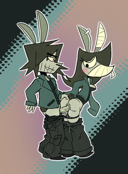 anthro bandage bandage_on_ears bandage_on_face black_boxers black_clothing black_panties black_underwear blush bodily_fluids bottomwear bottomwear_down boxers_(clothing) clothed clothed_sex clothing dripping duo ear_piercing erection female genital_fluids genitals gravewalkers male male/female panties pants pants_down partially_clothed piercing sex underwear vaginal_fluid_drip vaginal_fluids vulva thanie jumpcut! youtube axle_(jumpcut!) gauze_(jumpcut!) lagomorph leporid mammal rabbit hi_res