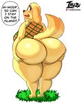 anthro big_breasts big_butt blush bodily_fluids bottomless breasts butt butt_focus clothed clothing dialogue female grass hand_on_butt holding_butt huge_butt huge_thighs looking_at_viewer looking_back nervous open_mouth partially_clothed plant presenting presenting_hindquarters raised_tail rear_view shirt simple_background solo speech_bubble stuttering sweat sweatdrop tail talking_to_viewer text thick_thighs topwear unusual_font white_background wide_hips worried inuzu animal_crossing nintendo goldie_(animal_crossing) canid canine canis domestic_dog mammal english_text hi_res url