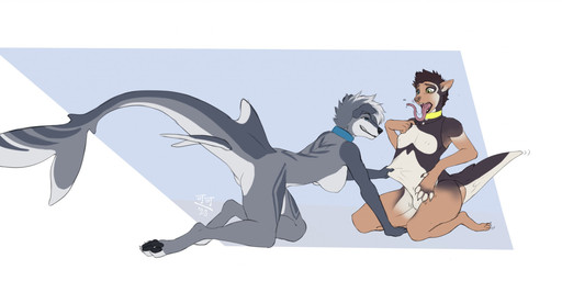 all_fours anthro biped black_nose black_pawpads blue_background bodily_fluids breasts brown_hair bulge butt clothing collar collar_only countershade_face countershade_tail countershade_torso countershading devious_grin digitigrade duo female fin gender_transformation grabbing_another green_eyes grey_hair grey_markings growth hair highlights_(coloring) human_to_anthro kneeling logo long_tongue markings mid_transformation motion_lines mtf_transformation nipples non-mammal_breasts nude one-piece_swimsuit open_mouth pawpads saliva sharp_teeth side_view simple_background sitting sitting_on_ground smile snout snout_growth species_transformation swimwear tail tail_fin tail_growth teeth three-quarter_view tongue transformation transformative_clothing white_background white_body white_countershading white_highlights year cocofox lexi_(cocofox) pickit aquatic canid canine canis domestic_dog fish human hybrid mammal shark 2023 artist_logo colored hi_res shaded