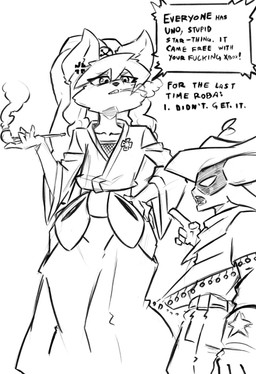 accessory angry annoyed anthro argument asian_clothing bell bow_ribbon cheek_tuft clenched_teeth clothed clothing cowboy cowboy_hat cowboy_outfit cross-popping_vein dialogue duo ear_tuft east_asian_clothing emblem facial_tuft female fishnet_clothing fishnet_topwear gesture hair_accessory hand_gesture hand_on_hip hat headgear headwear holding_object holding_smoking_pipe japanese_clothing kimono larger_female looking_down looking_down_at_another male markings pointing pointing_at_another poncho profanity sash shadowed_eyes size_difference smoke smoke_from_mouth smoking smoking_pipe speech_bubble standing star_(marking) tall teeth text topwear tuft wide_hipped_anthro wide_hipped_female wide_hips snoutless undertale undertale_(series) undertale_yellow uno ceroba_ketsukane starlo_(undertale_yellow) canid canine fox mammal monster unknown_species crossover english_text hi_res meme monochrome