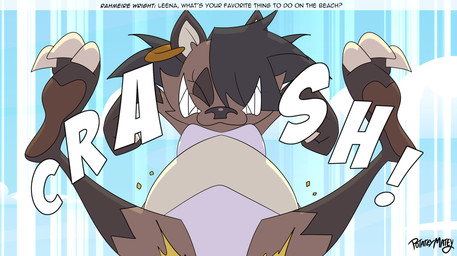 anthro black_hair brown_body brown_fur duo ear_piercing female fur hair outside piercing sitting sitting_on_another text potateymatey leena_(potateymatey) hyena mammal 2025 hi_res