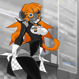 anthro big_breasts big_butt blue_eyes breasts butt clothing eye_patch eyewear female grey_body hair looking_at_viewer machine one_eye_obstructed orange_hair smile solo tail thick_thighs wide_hips yellow_sclera square_of_light blender_(copyright) haplorhine mammal monkey primate robot 1:1 blender_(artwork) digital_media_(artwork) hi_res