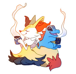 ambiguous_anthro ambiguous_gender anthro beverage big_tail biped closed_smile container cup digitigrade dipstick_tail duo eyes_closed holding_beverage holding_container holding_cup holding_object kneeling markings mouth_closed open_mouth open_smile seiza side_view simple_background sitting sitting_on_tail smile snout steam tail tail_markings teeth tongue bluekomadori nintendo pokemon braixen canid generation_2_pokemon generation_6_pokemon mammal pokemon_(species) totodile 2013 digital_drawing_(artwork) digital_media_(artwork)