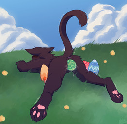 andromorph andromorph_anthro anthro anus black_body black_fur blush blush_lines bodily_fluids butt ear_piercing easter_egg egg feet fur genital_fluids genitals grass hindpaw holidays intersex intersex_anthro lying lying_on_grass lying_on_ground nude nude_anthro on_front on_grass on_ground outside oviposition pawpads paws piercing plant raised_tail solo spread_legs spreading tail vaginal vaginal_fluids lustwasp easter zach_(lustwasp) domestic_cat felid feline felis mammal absurd_res digital_media_(artwork) hi_res trans_(lore) trans_man_(lore)