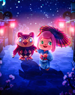 3_toes anthro asian_clothing beak blue_clothing blue_eyes blue_kimono blue_sky blurred_background blush building cheek_spots clear_sky clothed clothed_female clothed_human clothing duo east_asian_clothing eyelashes feathers featureless_hands feet female female_anthro female_human flower green_eyes hair hand_holding holding_object holding_umbrella house japanese_clothing kimono lamp lantern light multicolored_body multicolored_feathers open_beak open_mouth orange_beak outside pink_cheeks pink_flower pink_hair plant pupils red_body red_feathers red_nose red_tongue sky star starry_sky stone_path tan_body tan_skin toes tongue umbrella white_body white_feathers white_pupils yves_barthez animal_crossing nintendo celeste_(animal_crossing) villager_(animal_crossing) avian bird human mammal owl 2021 adobe_photoshop_(artwork) colored digital_drawing_(artwork) digital_media_(artwork) english_description hi_res lighting shaded
