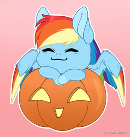 big_ears chibi embarrassed eyes_closed feathers female feral food fruit hair jack-o'-lantern long_hair magic plant pumpkin smile solo wings volodyanocturne friendship_is_magic hasbro my_little_pony rainbow_dash_(mlp) equid equine horse mammal pony hi_res