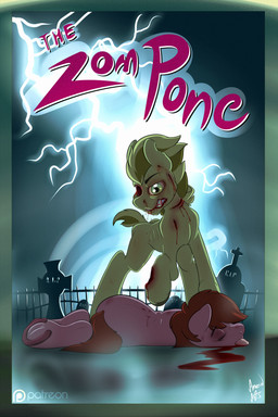blood bodily_fluids cemetery corpse dark death duo electricity eye_socket eyes_closed fur gore grave green_body green_eyes green_fur green_hair hair holidays hooves horseshoe lightning lying male night ribs rip teeth text title tombstone tongue tongue_out amazin-arts halloween hasbro my_little_pony earth_pony equid equine horse mammal pony undead zombie 2:3 english_text hi_res