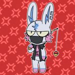 alternative_fashion ambiguous_gender anthro chibi clothing ear_piercing face_mask featureless_crotch featureless_feet featureless_hands feet fishing_rod frown jacket leather leather_clothing leather_jacket leather_topwear pattern_background piercing punk simple_background solo topwear itchi animal_crossing nintendo fan_character lagomorph leporid mammal rabbit 1:1 hi_res