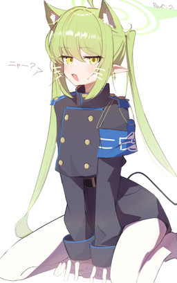 animal_ears belt blue_bottomwear blue_clothing blue_shirt blue_shorts blue_topwear blush bodily_fluids bottomwear clothing cute_fangs ear_piercing ear_ring fangs female fluffy_ears glistening glistening_hair gloves green_hair hair hair_between_eyes halo hands_between_legs handwear kneeling legwear long_hair open_mouth pantyhose piercing pointy_ears prick_ears ring_piercing seiza shirt shorts simple_background sitting solo sweat teeth text topwear white_background white_clothing white_gloves white_handwear white_legwear white_pantyhose yellow_eyes young young_female young_humanoid nekopin blue_archive nexon nozomi_(blue_archive) animal_humanoid cat_humanoid demon demon_humanoid felid felid_humanoid feline feline_humanoid humanoid mammal mammal_humanoid absurd_res hi_res japanese_text translated