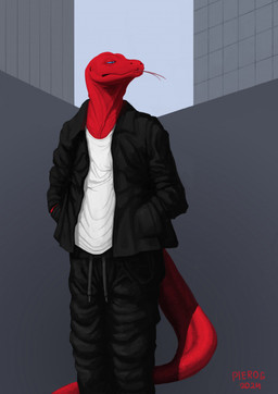 anthro black_clothing blue_eyes clothed clothing grey_background hands_in_both_pockets looking_sideways male red_body simple_background smug solo standing pierog lizard reptile scalie hi_res