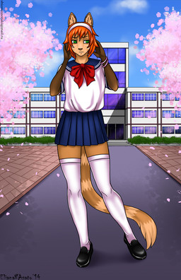 anthro biped bottomwear brown_body brown_fur cherry_blossom clothed clothing crossdressing femboy flower fur green_eyes hair legwear male multicolored_body multicolored_fur orange_body orange_fur orange_hair outside plant prunus_(flower) school shy skirt sky solo standing stockings tan_body tan_fur eliana-asato ginger_(iginger) domestic_cat felid feline felis mammal 2014 hi_res