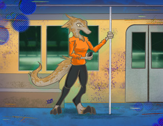 3_toes anthro black_bottomwear black_clothing black_pants bottomwear breasts brown_body cellphone claws clothing digitigrade electronics feathers feet female holding_cellphone holding_object holding_phone holding_pole holding_smartphone jacket leaning looking_at_object looking_at_phone looking_down non-mammal_breasts orange_clothing orange_topwear pants phone pole public_transportation rapid_transit smartphone solo standing subway sweatpants sweatshirt tail toe_claws toes topwear window vike_mike dinosaur dromaeosaurid feathered_dinosaur feathered_scalie prehistoric_species reptile scalie theropod velociraptor absurd_res hi_res
