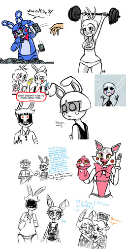 anthro barbell beak bib clothing dialogue electric_guitar female gesture group guitar hand_gesture hand_puppet hat headgear headwear hug looking_at_viewer machine male mask middle_finger musical_instrument plucked_string_instrument puppet simple_background speech_bubble string_instrument text throwing top_hat weights white_background inkyfrog five_nights_at_freddy's five_nights_at_freddy's_2 scottgames sister_location funtime_foxy_(fnaf) jeremy_fitzgerald mangle_(fnaf) marionette_(fnaf) toy_bonnie_(fnaf) toy_chica_(fnaf) toy_freddy_(fnaf) withered_bonnie_(fnaf) animatronic avian bear bird canid canine chicken fox galliform human humanoid lagomorph leporid mammal phasianid rabbit robot 2015 english_text hi_res