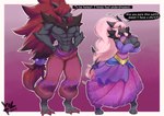 absurd_res accessory anthro big_breasts biped black_body blush breasts canid canine canis claws clothed clothing dancer_style_meowscarada dancer_style_zoroark digital_media_(artwork) duo english_text feet female fur generation_5_pokemon hair hi_res holowear_(pokemon) huge_filesize jewelry long_hair male male/female mammal necklace nintendo nova_(novaace) open_mouth pink_hair pokemon pokemon_(species) pokemon_unite purple_eyes red_hair simple_background text vilf zelda_(novaace) zoroark