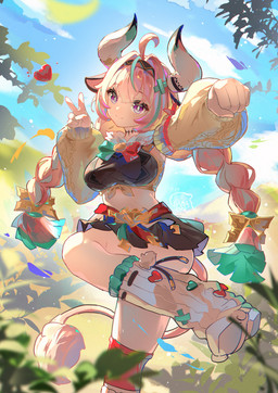 2_horns accessory animal_ears armwear bottomwear braided_pigtails breasts clothed clothing detached_sleeves female footwear hair headband horn leg_warmers legwear midriff pink_hair shoes skirt solo tail tail_tuft topwear tuft corene53774910 genshin_impact mihoyo varesa_(genshin_impact) animal_humanoid bovid bovid_humanoid bovine bovine_humanoid cattle_humanoid humanoid mammal mammal_humanoid 2025 hi_res