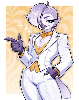 anthro beak blue_eyes bottomwear cleavage_cutout clothed clothed_male clothing cutout feathers femboy front_view fully_clothed fully_clothed_male grey_hair hair hand_on_hip male pants scuted_arms scutes smile solo standing suit suit_vest tail tail_feathers budoti dominic_(budoti) avian barred_owl bird owl strix_(genus) true_owl absurd_res hi_res