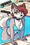 anthro arm_tuft bikini bikini_bottom bikini_top bite biting_lip breasts chest_tuft cleavage clothed clothing collar countershading dialogue female freckled_breasts freckled_face freckled_shoulders freckles green_eyes hair inner_ear_fluff open_mouth outside partially_submerged poolside red_hair self_bite shoulder_tuft smile solo swimming_pool swimwear tail text tuft two-piece_swimsuit water olivialovesfur canid canine canis mammal 2:3 absurd_res digital_media_(artwork) english_text hi_res