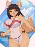 5_fingers anthro big_breasts bikini bikini_bottom black_hair black_nose breasts brown_body brown_fur clothed clothing cloud day female female_anthro fingers fist fur hair inner_ear_fluff kemono navel one_eye_closed open_mouth outside smile solo swimwear tuft two-piece_swimsuit water wide_hips arumo komena_akamori canid canine fox mammal 2021 3:4 hi_res