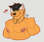 abs accessory anthro clothed clothing ear_piercing gold_(metal) gold_jewelry jewelry male muscular pecs piercing smile solo topless topless_male bella_vanguard dragoonie canid canine mammal maned_wolf hi_res