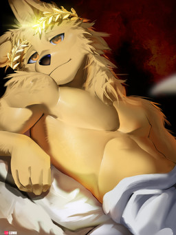 anthro bed biceps fur furniture greek_clothing hair male muscular muscular_male pecs pose shirtless_male solo yellow_body yellow_eyes yellow_fur lumii i_think_i_like_you ray_(i_think_i_like_you) bird_dog canid canine canis domestic_dog golden_retriever hunting_dog mammal retriever 3:4 absurd_res hi_res