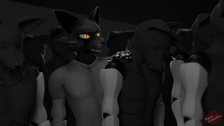 anthro clothed clothing confusion cybernetics dream eyes_closed factory fur grey_body grey_fur group machine male resting rosecreates fermi_(rosecreates) canid canine fox mammal red_fox robot silver_fox true_fox 16:9 3d_(artwork) 4k absurd_res blender_(artwork) digital_media_(artwork) hi_res widescreen