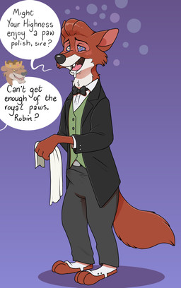 anthro blush bodily_fluids bow_tie butler cross-eyed crown dialogue dominant dominant_male drooling duo half-closed_eyes headgear hypnosis male male/male mind_control narrowed_eyes open_mouth open_smile precum_stain ringed_eyes saliva simple_background smile solo_focus spats speech_bubble submissive submissive_male tenting text blueballs disney robin_hood_(disney) robin_hood canid canine felid fox lion mammal pantherine 2026 english_text hi_res