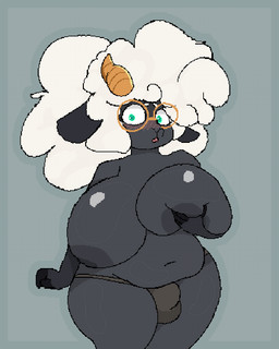 abstract_background anthro areola big_breasts black_areola black_body black_breasts black_nipples blush breast_grab breasts bulge clothing dark_areola eyewear glasses glistening glistening_body green_eyes gynomorph hand_on_breast holding_breast horn huge_breasts intersex looking_at_viewer nipples slightly_chubby solo surprised underwear wool_hair yellow_horn anonymous_artist fan_character bovid caprine mammal sheep digital_media_(artwork) pixel_(artwork)