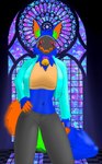 anthro bell bell_collar big_breasts blood blood_tears blue_body blue_clothing blue_fur blue_jacket blue_topwear bodily_fluids bottomwear breasts claws clothed clothing collar crop_top exposed_belly female fur glowing glowing_body glowing_claws glowing_fur green_body green_fur jacket living_tail machine multi_eye multi_tail navel orange_body orange_claws orange_eyes orange_fur pants shirt solo tail topwear unusual_anatomy unusual_tail x_eyes sprocket_the_proto sprocket_(sprocket_the_proto) protogen hi_res