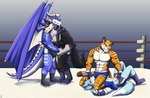 anthro ballbusting boots bulge bulge_grab clothing cock_and_ball_torture crotch_grab duo fight footwear genital_torture grope group male male/male pain pecs shoes squeezing tail text wrestling juniorjosi mythology axel_zeeland nyde_runes canid canine canis dragon felid fox mammal mythological_creature mythological_scalie pantherine scalie tiger wolf english_text hi_res