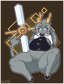 anthro belly big_breasts big_hair black_clothing blue_eyes border breasts clothing dream_breaker_(pseudoregalia) female fur genitals grey_body grey_fur grey_hair grey_tail hair hooves horn huge_hips huge_thighs navel solo tail thick_thighs three-quarter_view vulva white_border wide_hips yellow_clothing yellow_horn conditional_dnp welwraith pseudoregalia sybil_(pseudoregalia) bovid caprine goat mammal 2023 aliasing binary_drawing cel_shading digital_drawing_(artwork) digital_media_(artwork) full-length_portrait hi_res portrait shaded signature