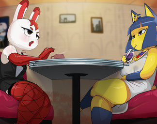 anthro beverage biped blue_hair breasts clothed clothing container crossed_legs cup detailed_background duo eyelashes female furniture hair inside legwear nipples pupils red_hair sitting table thick_thighs translucent translucent_clothing white_body white_clothing yellow_body mdthetest animal_crossing nintendo ankha_(animal_crossing) tiffany_(animal_crossing) domestic_cat felid feline felis lagomorph leporid mammal rabbit 2026 hi_res