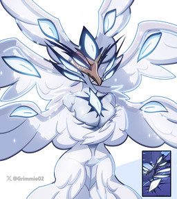 anthro beak big_breasts blue_eyes breasts brown_body brown_skin cleavage clothed clothing feathered_wings feathers female glowing glowing_eyes multi_eye multi_wing serious_face simple_background solo text white_background white_body white_feathers wide_hips wings grimmie2 hazbin_hotel hellaverse sera_(hazbin_hotel) angel avian seraph_(angel) artist_name hi_res