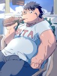 anthro belly bottomwear clothing drinking humanoid_hands kemono male outside overweight overweight_male pants shirt sitting solo text text_on_clothing text_on_shirt text_on_topwear topwear train_(artist) domestic_pig mammal suid suina sus_(pig) 2022 3:4 hi_res