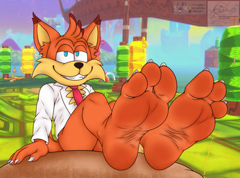 3_toes 5_fingers accessory anthro barefoot black_nose blue_eyes bottomless bottomless_male claws clothed clothing feet fingers foot_fetish foot_focus formal_wear fur grin half-closed_eyes looking_at_viewer male multicolored_body narrowed_eyes necktie orange_body orange_fur paws plantigrade shirt sitting smile soles solo suit teeth toe_claws toes topwear tuft white_claws white_clothing wrinkled_feet wrinkles coyocislav skonczonyidiota bubsy_(series) bubsy_bobcat felid feline mammal hi_res