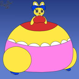 anthro belly big_belly big_breasts black_eyebrows black_eyes blue_background blue_clothing blue_footwear blue_ribbon blue_shoes breasts clothing dress eyebrows eyelashes female footwear huge_belly huge_thighs hyper hyper_belly hyper_pear hyper_thighs looking_at_viewer panties pink_clothing pink_panties pink_underwear red_clothing red_dress red_nose shoes simple_background solo thick_thighs three-quarter_view tight_clothing underwear white_inner_ear yellow_body yellow_ears reathe gwendolyn_mckenzie lagomorph leporid mammal rabbit 1:1 2026 colored digital_media_(artwork) flat_colors hi_res signature