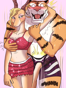 annoyed anthro attack ballbusting barefoot blonde_hair blush bodily_fluids bottomwear breast_grab breasts bulge chest_tuft clothed clothing cock_and_ball_torture countershading crotch_attack crotch_kick duo fangs feet female genital_torture glitter grope hair hand_on_breast horn humor kick looking_at_viewer makeup male male/female muscular muscular_male navel open_mouth pain predator/prey raised_arm shorts skirt snot standing stripes sweat tears teeth tongue topless tuft violence zootopia_shorts white6000 disney zootopia gazelle_(zootopia) tiger_dancer_(zootopia) antelope bovid felid gazelle grant's_gazelle mammal nanger pantherine tiger true_antelope 2016 3:4