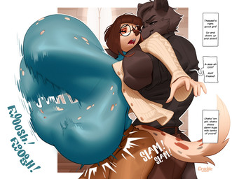 anthro anthro_on_anthro big_breasts bob_cut bouncing_breasts breasts brown_hair clothing dialogue dominant dominant_male duo eyes_closed eyewear female glasses good_girl hair huge_breasts hyper hyper_breasts male motion_blur motion_lines round_glasses secretly_loves_it speech_bubble submissive submissive_female text torn_clothing crackiepipe alex_(crackiepipe) clarita_(crackiepipe) canid canine canis domestic_dog greyhound hunting_dog mammal sighthound wolf english_text