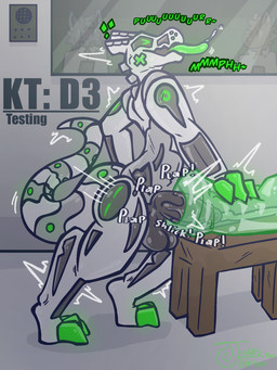 anthro balls being_watched black_penis clipboard clothing coat femboy furniture genitals glowing glowing_eyes green_eyes green_tongue group hip_thrust humanoid_genitalia humanoid_penis lab_coat laboratory laboratory_equipment looking_at_another machine male masturbation open_mouth open_smile penetrable_sex_toy penis purring scientific_instrument sex_toy shaking_legs smile solo_focus speaker table testing testing_lab throbbing thrusting tongue tongue_out topwear visor judasthesinner kinktober_2025 robot synth_(vader-san) 2025 3:4 hi_res