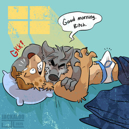 anthro arm_grab aroused aroused_by_another aroused_male back_muscles bed bed_covers bed_sheet bedding bedroom bedroom_window biceps big_muscles bite biting_another biting_partner blue_eyes blue_seam_briefs blue_seam_clothing blue_seam_underwear briefs briefs_only brown_body brown_fur bulge chomp claws clothed clothing colored_seam_underwear detailed_bulge dialogue dirty_talk dominant dominant_anthro dominant_male duo erection erection_under_clothing erection_under_underwear eyebrows fangs fangs_bared flirting flirting_look fur furniture genital_outline grey_body grey_fur hand_on_arm holding_arm inside light light_beam lying lying_on_bed male male/male manly morning muscular muscular_anthro muscular_male neck_bite nude nude_anthro nude_male on_back on_bed penis_outline pillow profanity raised_eyebrows secretly_loves_it shocked sneak_attack speech_bubble submissive submissive_anthro submissive_male sunbeam sunlight sunrise taunting taunting_partner teasing teasing_partner teeth tenting text thick_arms thick_eyebrows tighty_whities topless topless_anthro topless_male underwear underwear_only white_briefs white_clothing white_underwear window window_light jackaloo andrew_oleander cooper_estevez canid canine canis domestic_dog mammal wolf 1:1 english_text hi_res