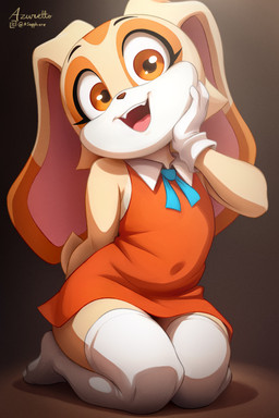 anthro black_eyebrows brown_nose clothing cute_fangs dress eyebrows eyelashes fangs female fur gloves hand_behind_back handwear legwear long_ears looking_at_viewer open_mouth open_smile orange_clothing orange_dress orange_eyes pink_inner_ear scut_tail short_tail sitting smile solo tail tan_body tan_fur teeth text thigh_highs twitter_logo white_clothing white_gloves white_handwear white_legwear white_thigh_highs young young_anthro young_female azuretto sega sonic_the_hedgehog_(series) twitter cream_the_rabbit lagomorph leporid mammal rabbit 2025 2:3 absurd_res artist_name hi_res shaded