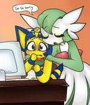 2021 animal_crossing ankha_(animal_crossing) ankha_zone anthro celebrity_paradox clothed clothing comforting computer computer_mouse covering covering_mouth crossover desk dialogue digital_media_(artwork) domestic_cat duo electronics english_text erect_tail felid feline felis female furniture gardevoir generation_3_pokemon hand_on_shoulder hi_res humor keyboard looking_at_computer looking_at_object mammal meme nintendo orange_background pokemon pokemon_(species) sad self_search shocked signature simple_background sitting speech_bubble table tail text uraeus vooliez